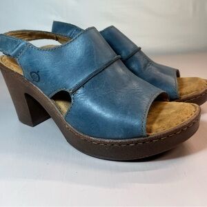 Born Blue Leather Slingback Peep Toe Heeled Sandals Women’s Size 7 Comfort